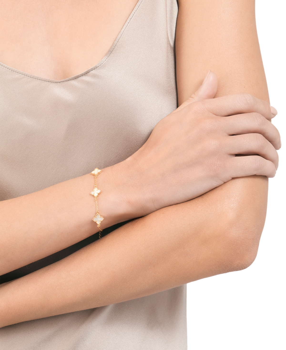 Adornia White Mother Of Pearl Flower Bracelet In Yellow Gold-tone,white