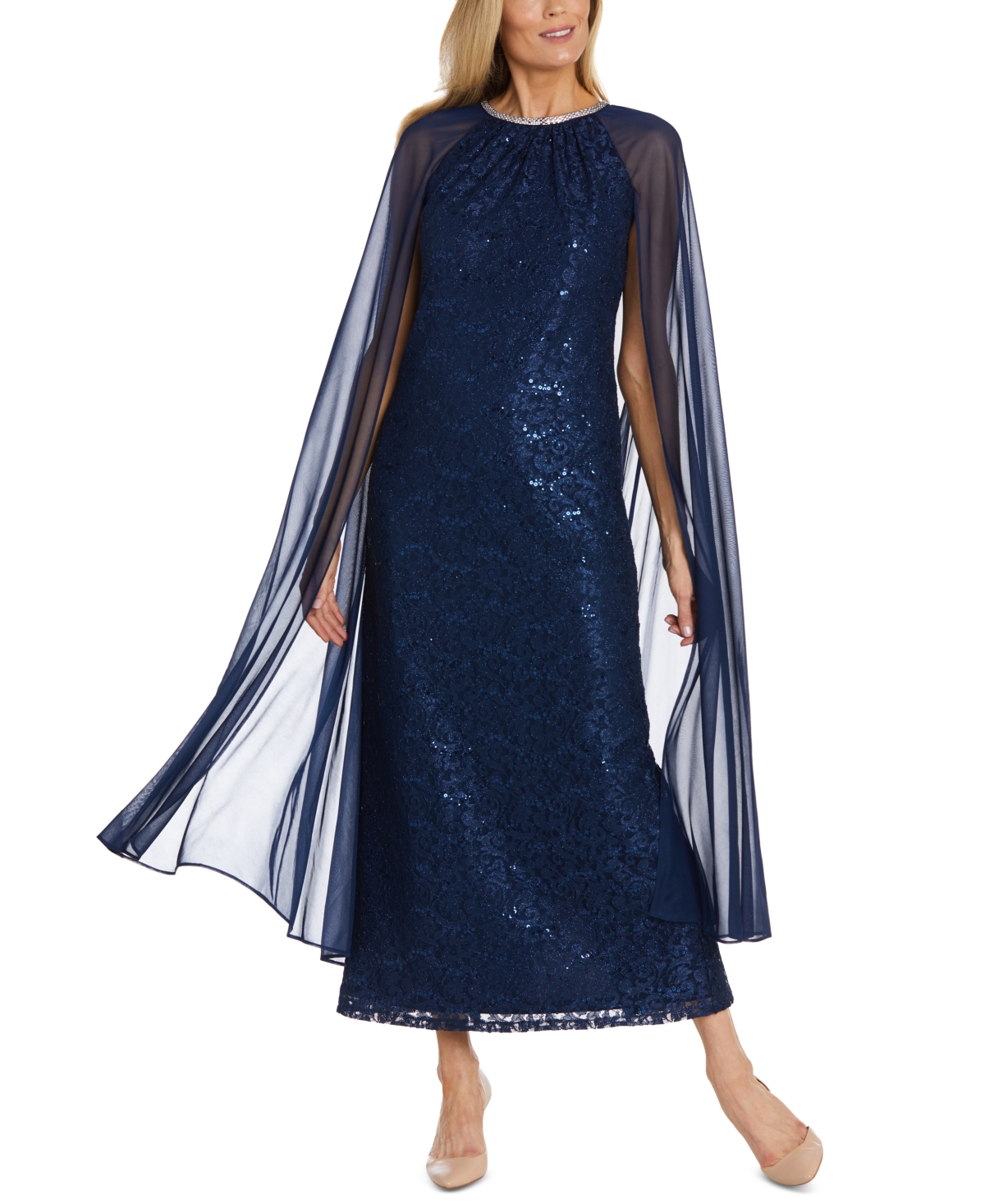 R & M Richards Women's Sequined Embellished-neck Draped Gown In Navy