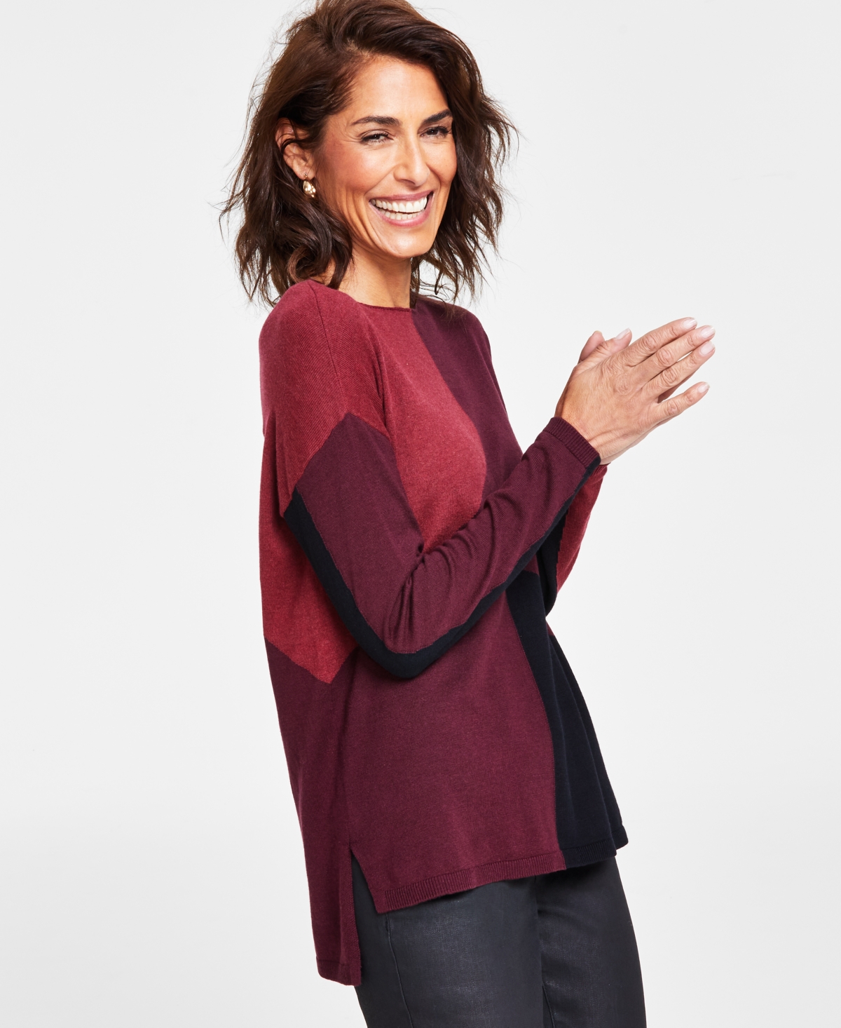 Inc International Concepts Petite Colorblocked Boat-neck Sweater, Created For Macy's In Plum Combo