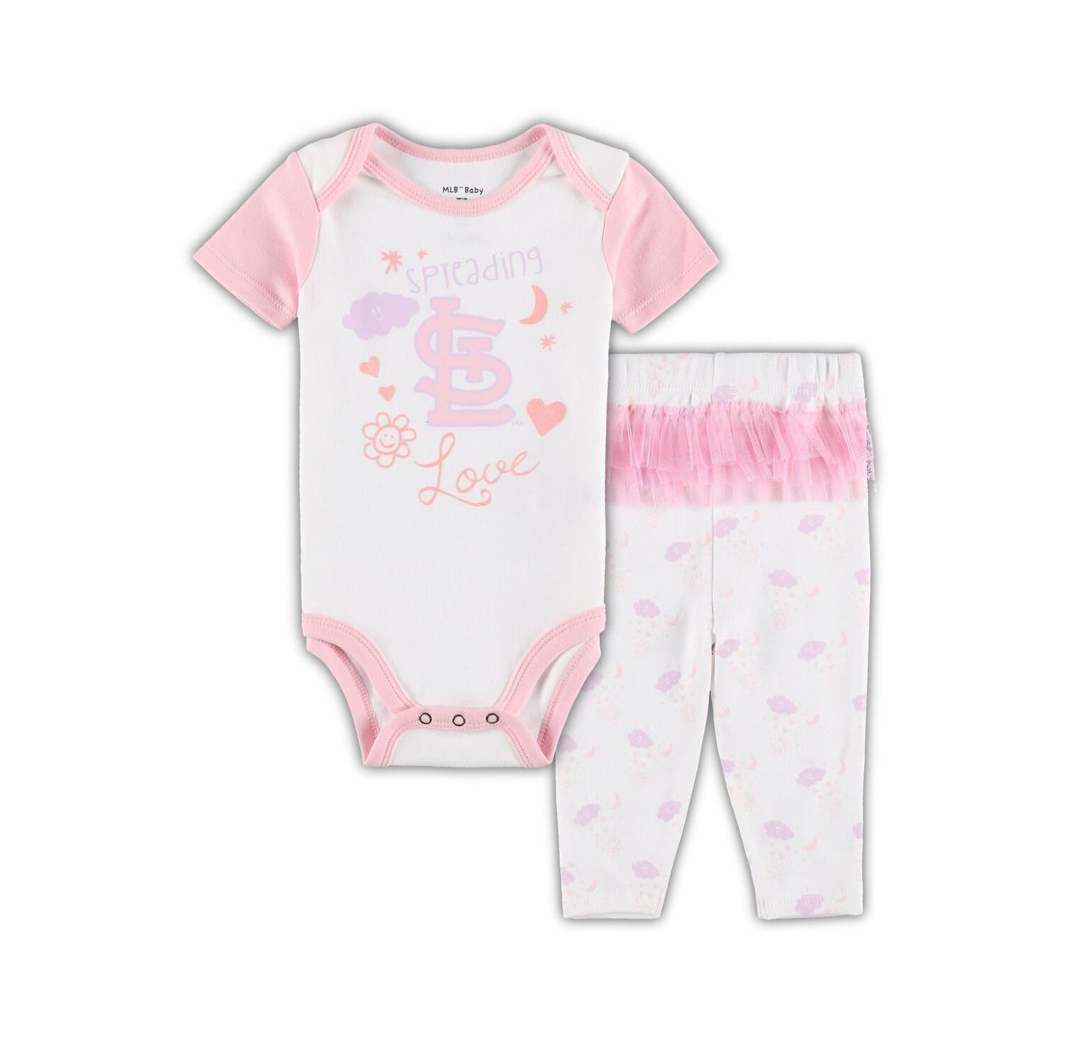Newborn and Infant Boys and Girls White and Pink St. Louis Cardinals Spreading Love Bodysuit and Tutu with Leggings Set
