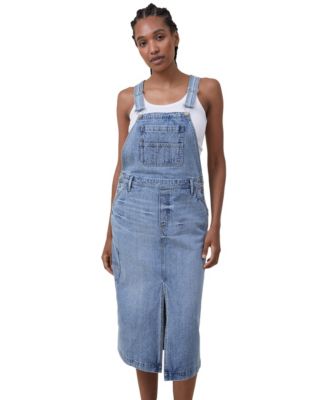 denim midi pinafore dress Button Denim Midi Pinafore Dress (Light Blue)