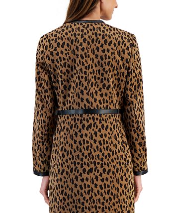 Kasper Petite Animal Print Faux Leather Trim Open Front Jacquard Jacket  Dress