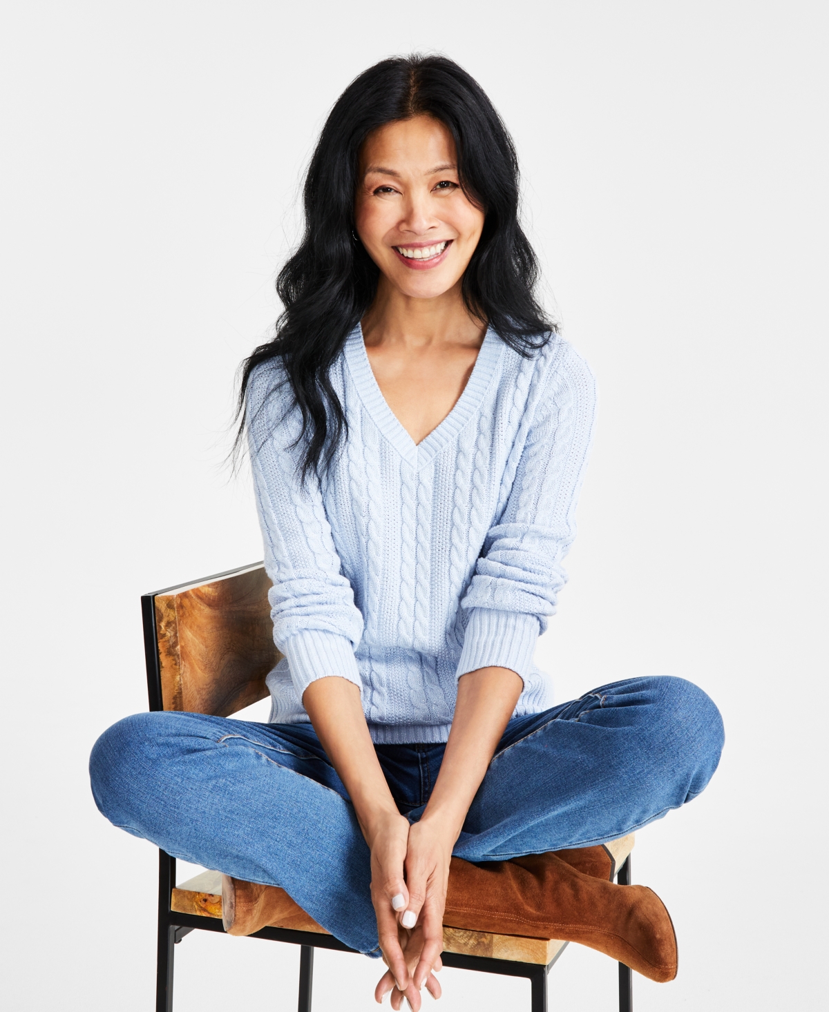 Women's V-Neck Shine Cable-Knit Long-Sleeve Sweater, Regular & Petite, Created for Macy's - Frozen Blue
