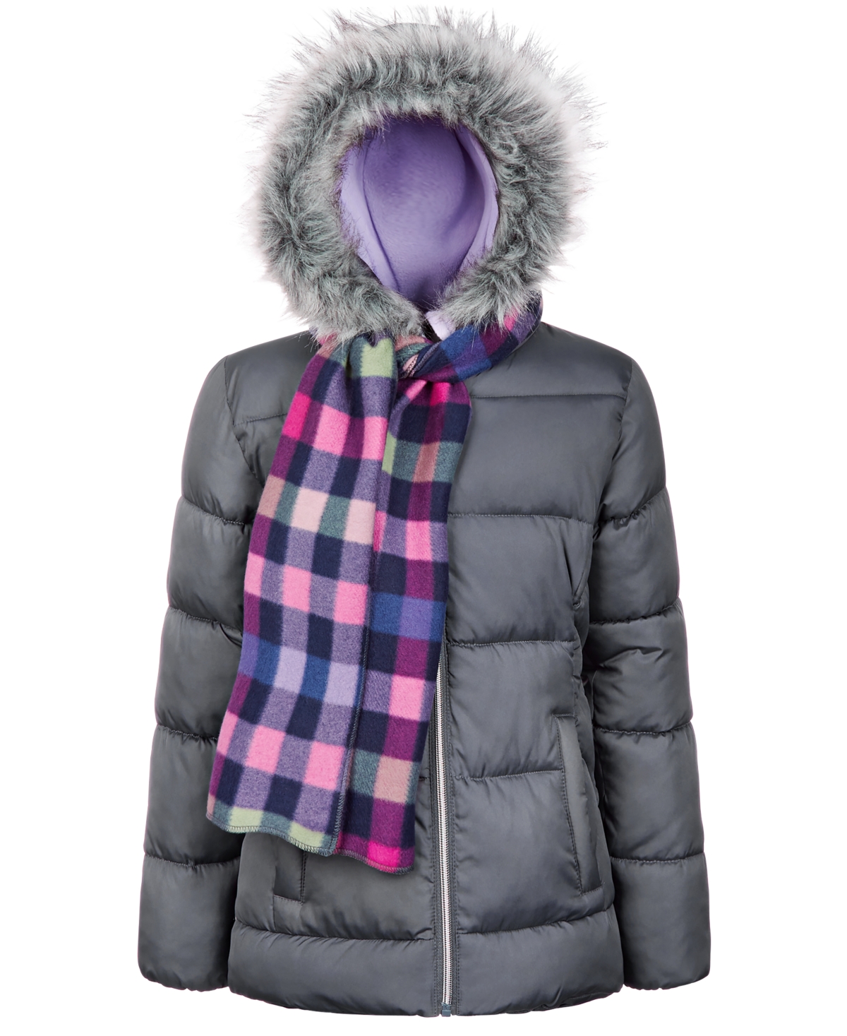 S ROTHSCHILD & CO BIG GIRLS SOLID QUILT PUFFER COAT & PLAID SCARF
