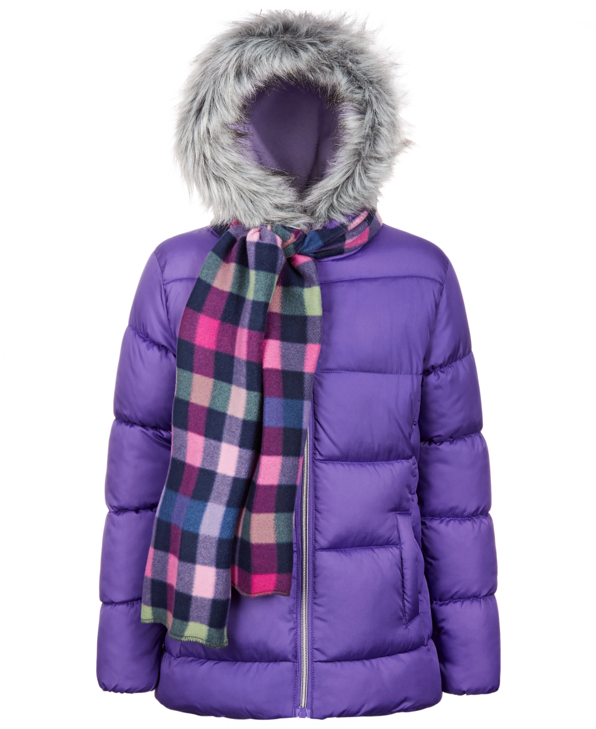 S Rothschild & Co Big Girls Solid Quilt Puffer Coat & Plaid Scarf In Lavender