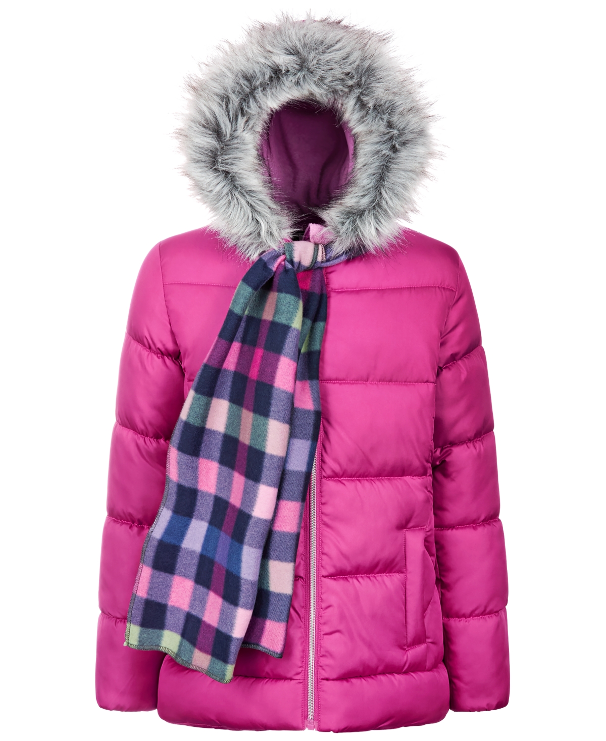S Rothschild & Co Big Girls Solid Quilt Puffer Coat & Plaid Scarf In Charcoal