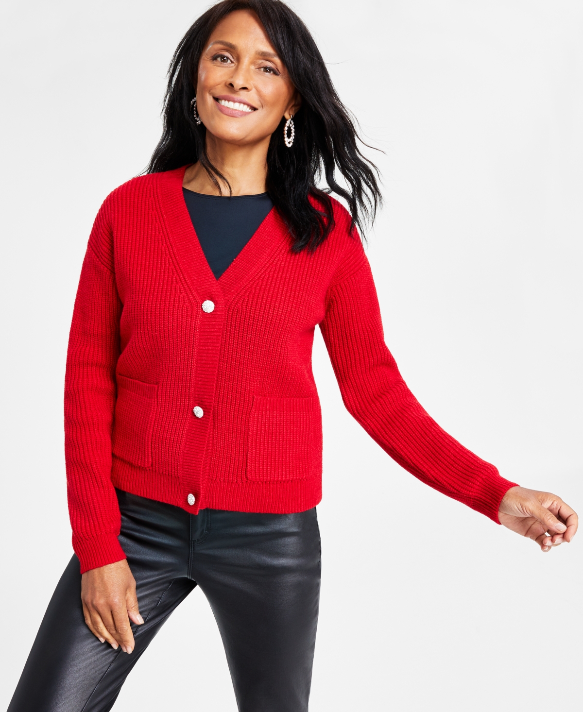 Inc International Concepts Women's Rhinestone Button Cardigan, Created For Macy's In Red Zenith