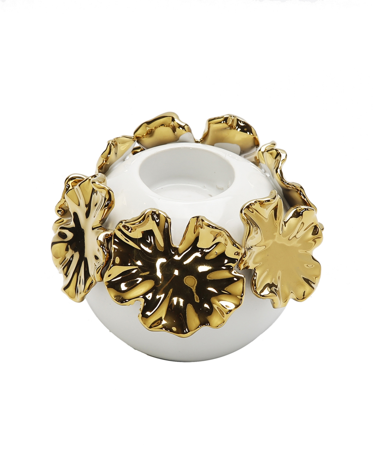 Ceramic Candle Holder Gold-Tone Flower Design - White