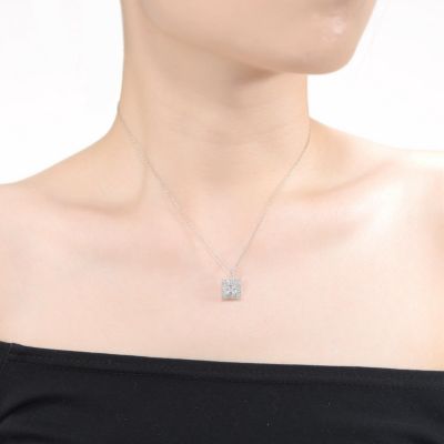 White Gold Plated with Princess Cut Cubic Zirconia Solitaire Double Halo Cluster Pendant Necklace