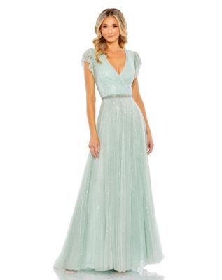 Women's Sequined Wrap Over Ruffled Cap Sleeve Gown