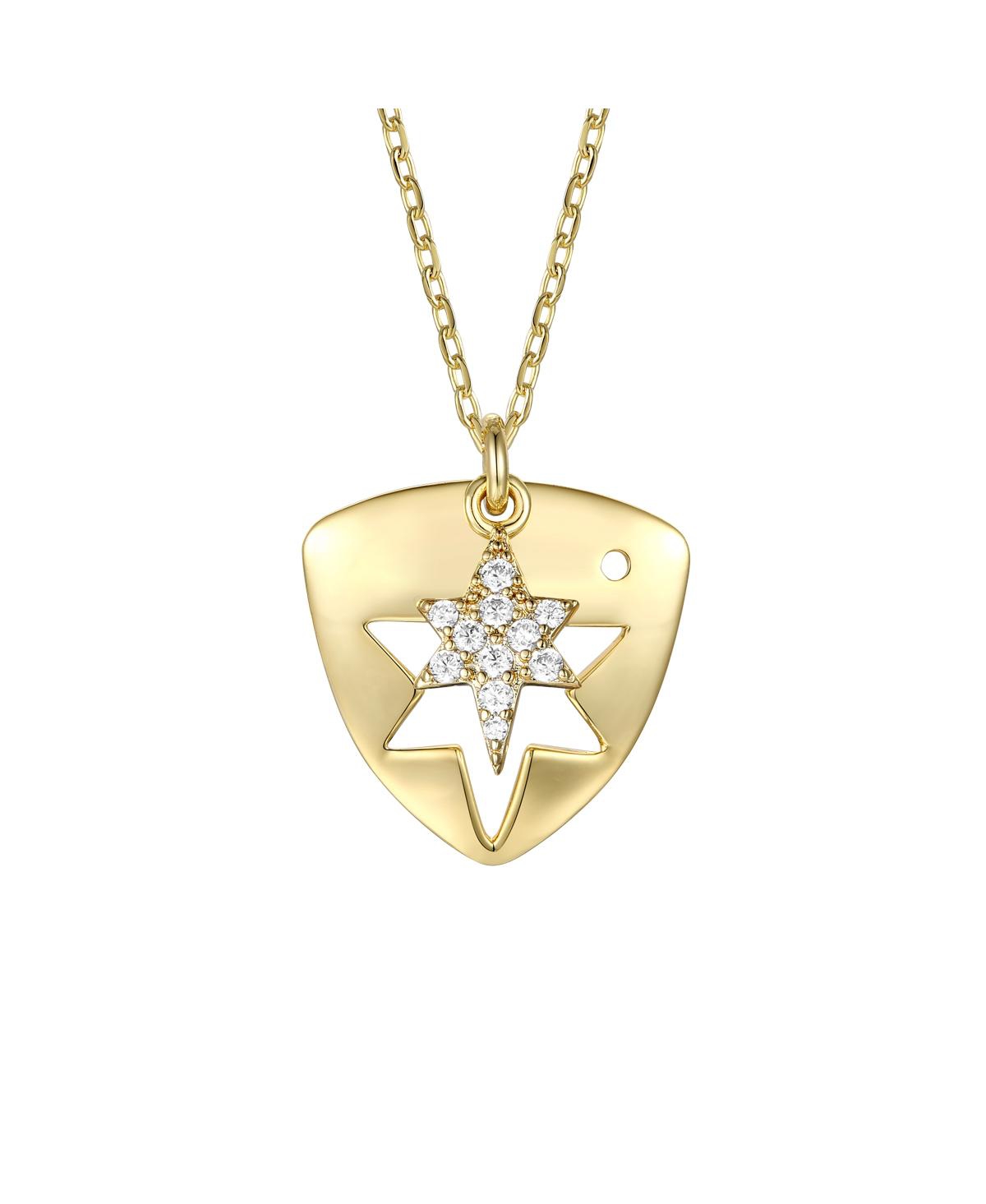 14k Gold Plated with Cubic Zirconia Laser-Cut 6-Pointed Star Triangle Shield Double Pendant Charm Necklace - Gold