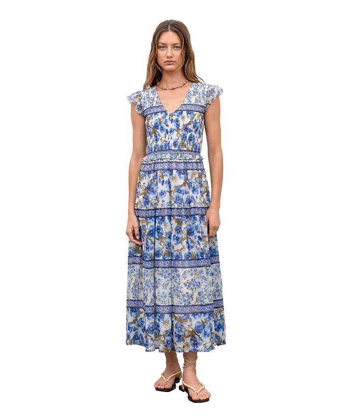 Moon River Women's Ruffle Sleeve Smocked Print Midi Dress - Macy's