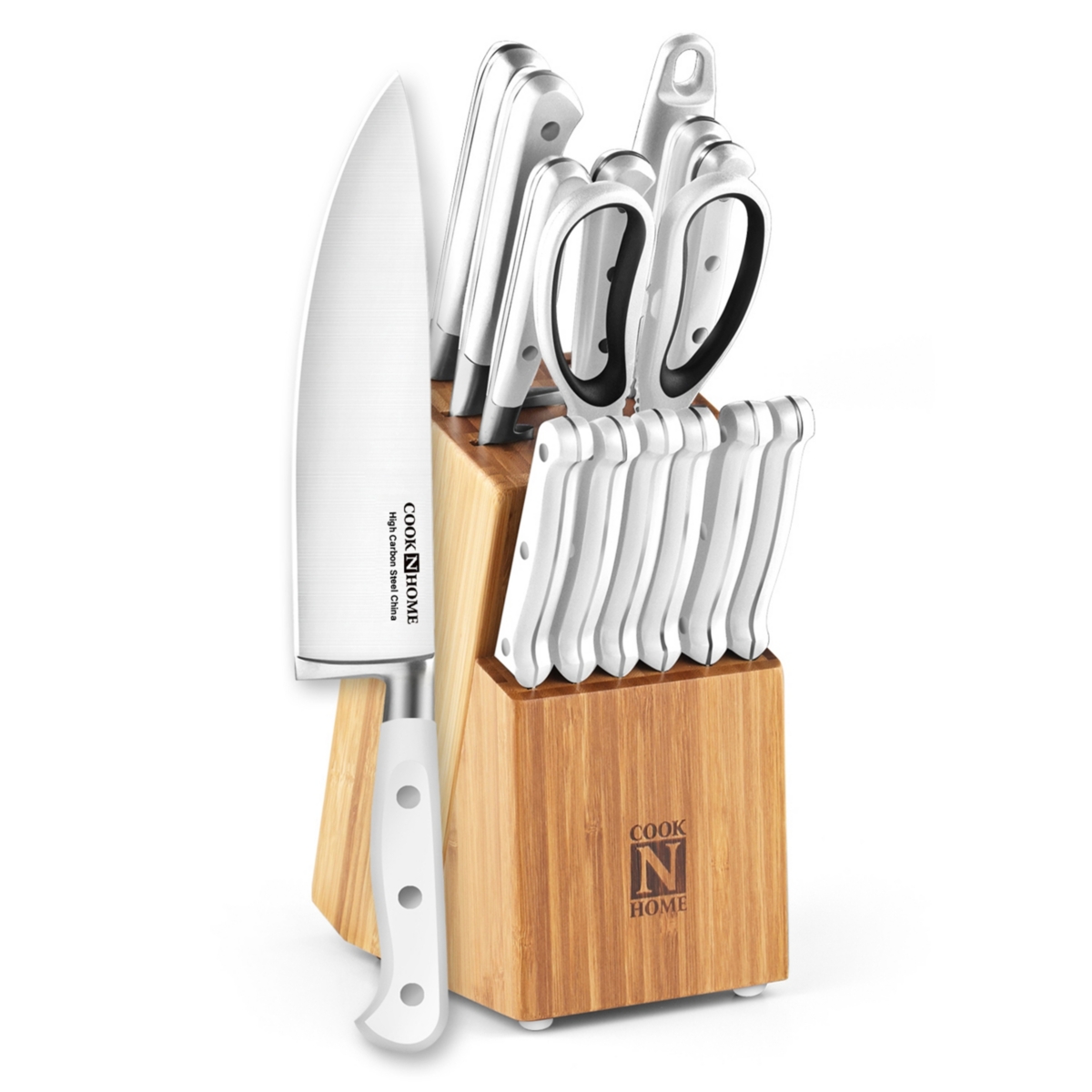 Cook N Home Kitchen Knife Set with Bamboo Storage Block 15-Piece, High Carbon Stainless Steel Blade,- White