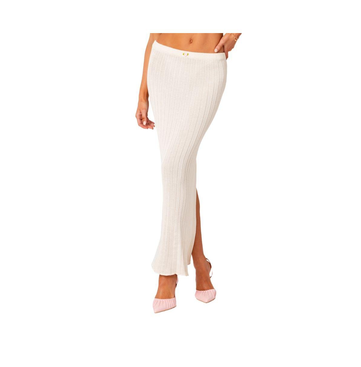 Shop Edikted Women's Maxi Low Rise Knit Back Slit Skirt With Flower Applique In White
