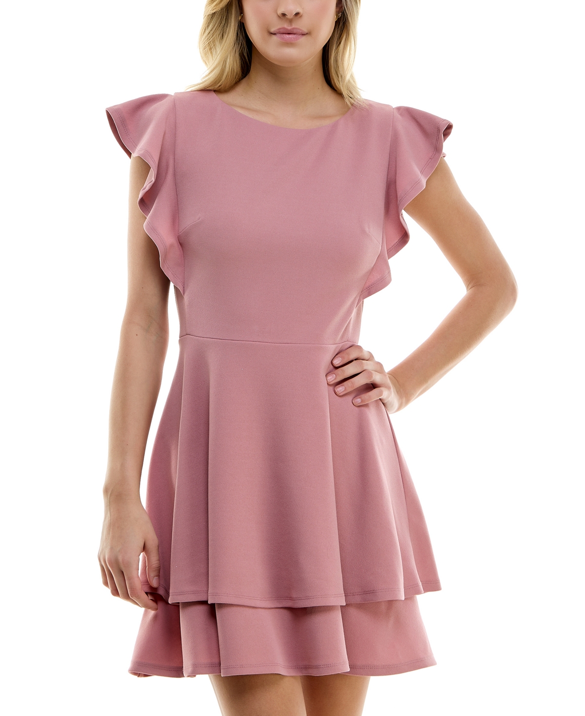 Crystal Doll Juniors' Flutter-sleeve Tiered Dress In Pink