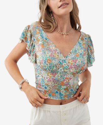 O'Neill - Juniors' Bonnie Printed Flutter-Sleeve Smocked-Back Top