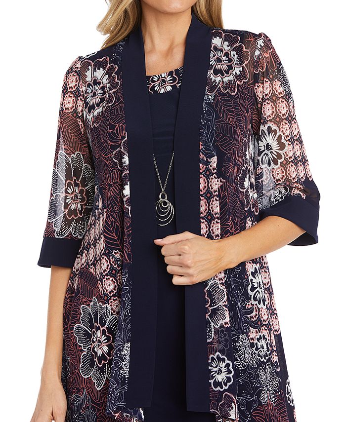 R & M Richards Women's 2 Pc Printed Jacket & Necklace Dress Gray Size 10