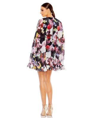 【Mac Duggal】フローラルプリントパフスリーブフリルミニドレス Pink Floral Long Sleeve Ruffle Mini Dress | Mac Duggal