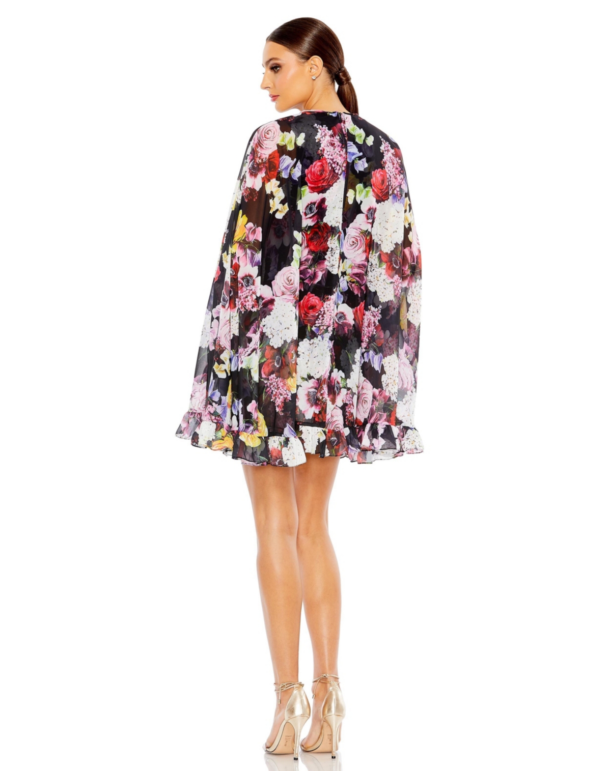 Mac Duggal Women's Ieena Floral Print High Neck Ruffle Hem Cape Mini Dress