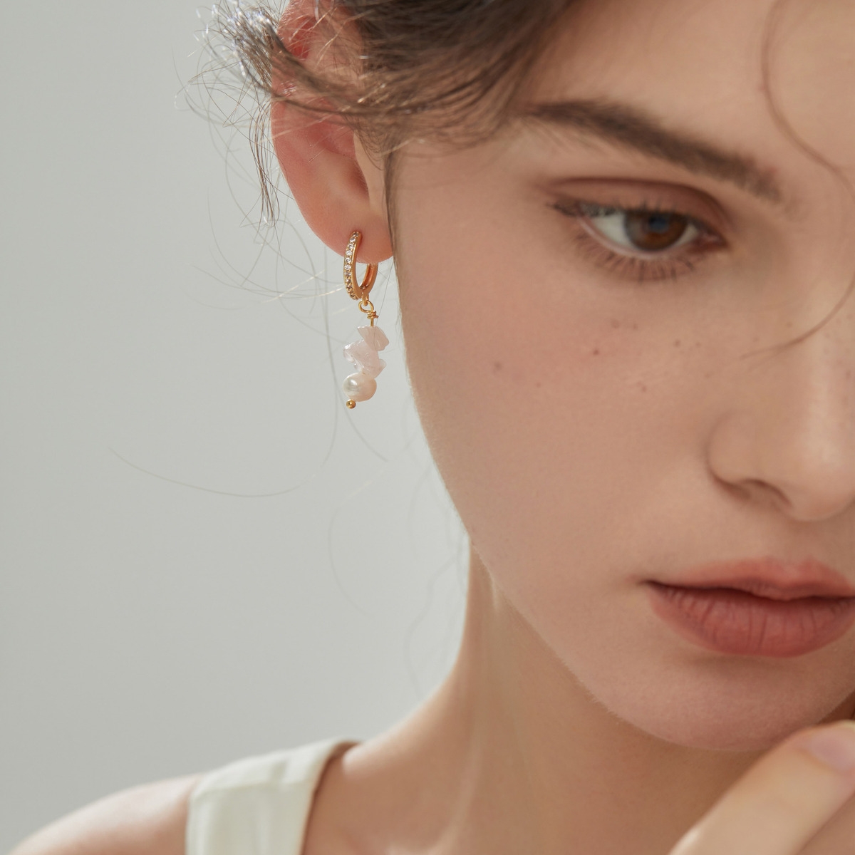 Joey Baby 18K Gold Plated Freshwater Pearls with Rose Quartz Mismatch Style - Manifesting it! Earrings For Women