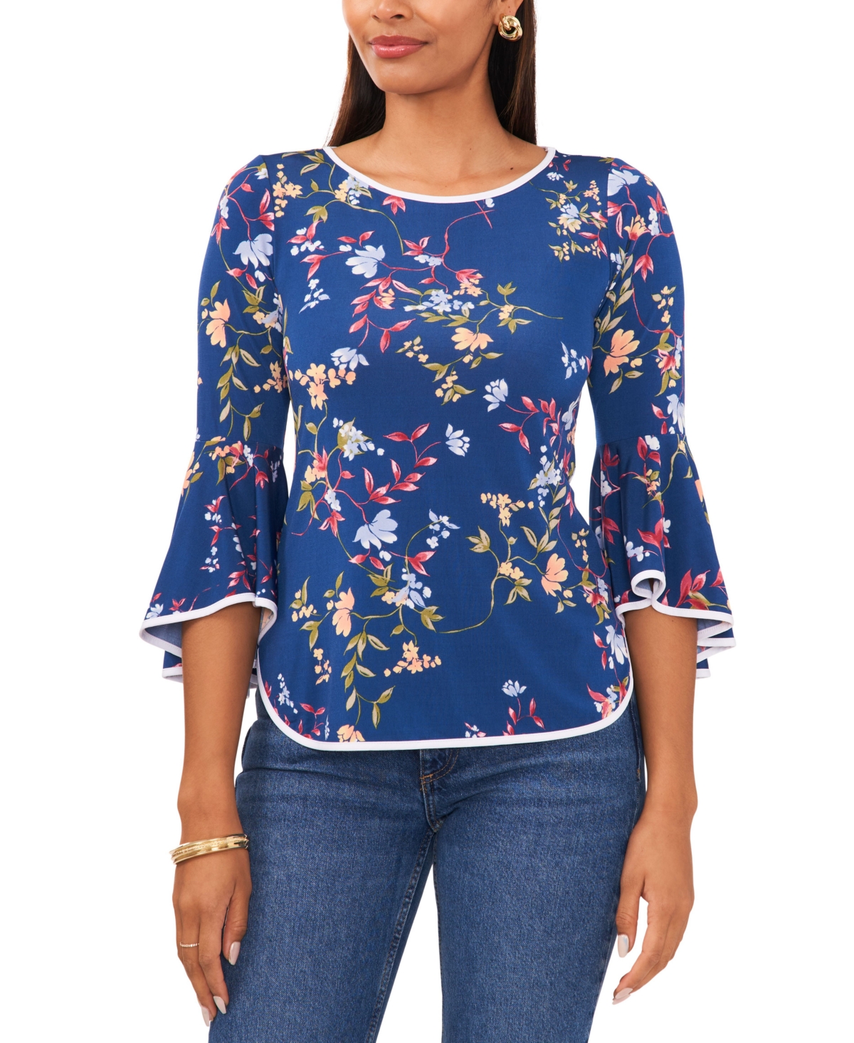 Petite Floral-Print Bell-Sleeve Piped Top - Teal/Multi Floral