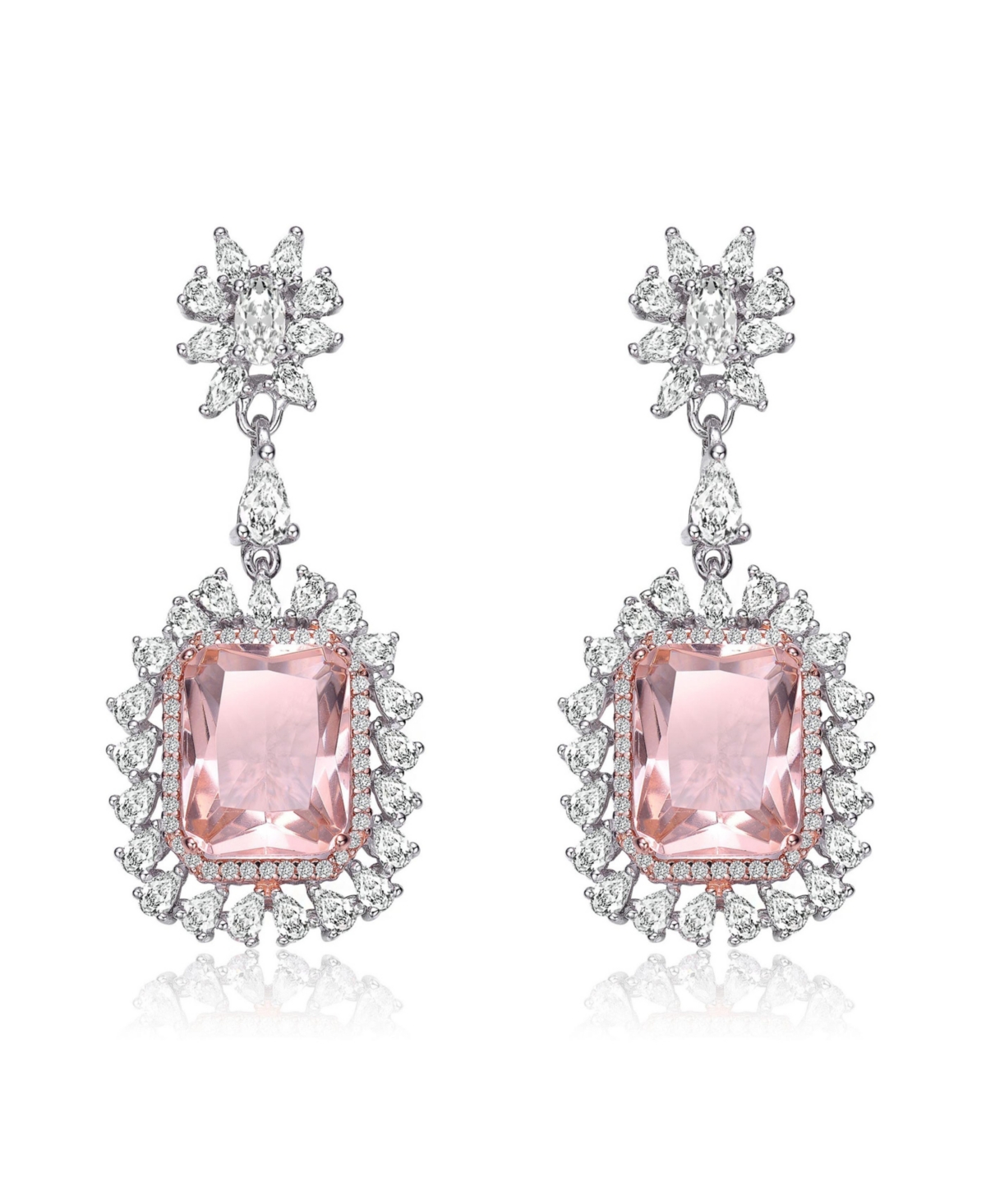 Genevive Sterling Silver with White Gold Plated Morganite Cushion with Clear Cubic Zirconia Halo Drop Earrings