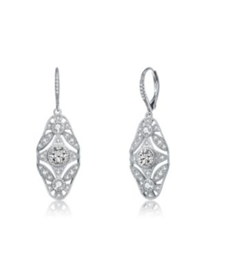 Sterling Silver with White Gold Plated Round Cubic Zirconia Wreath Leverback Earrings
