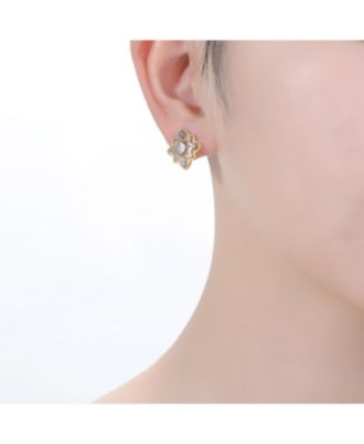 4 Prong 14K Gold Plated and Cubic Zirconia Floral Stud Earrings