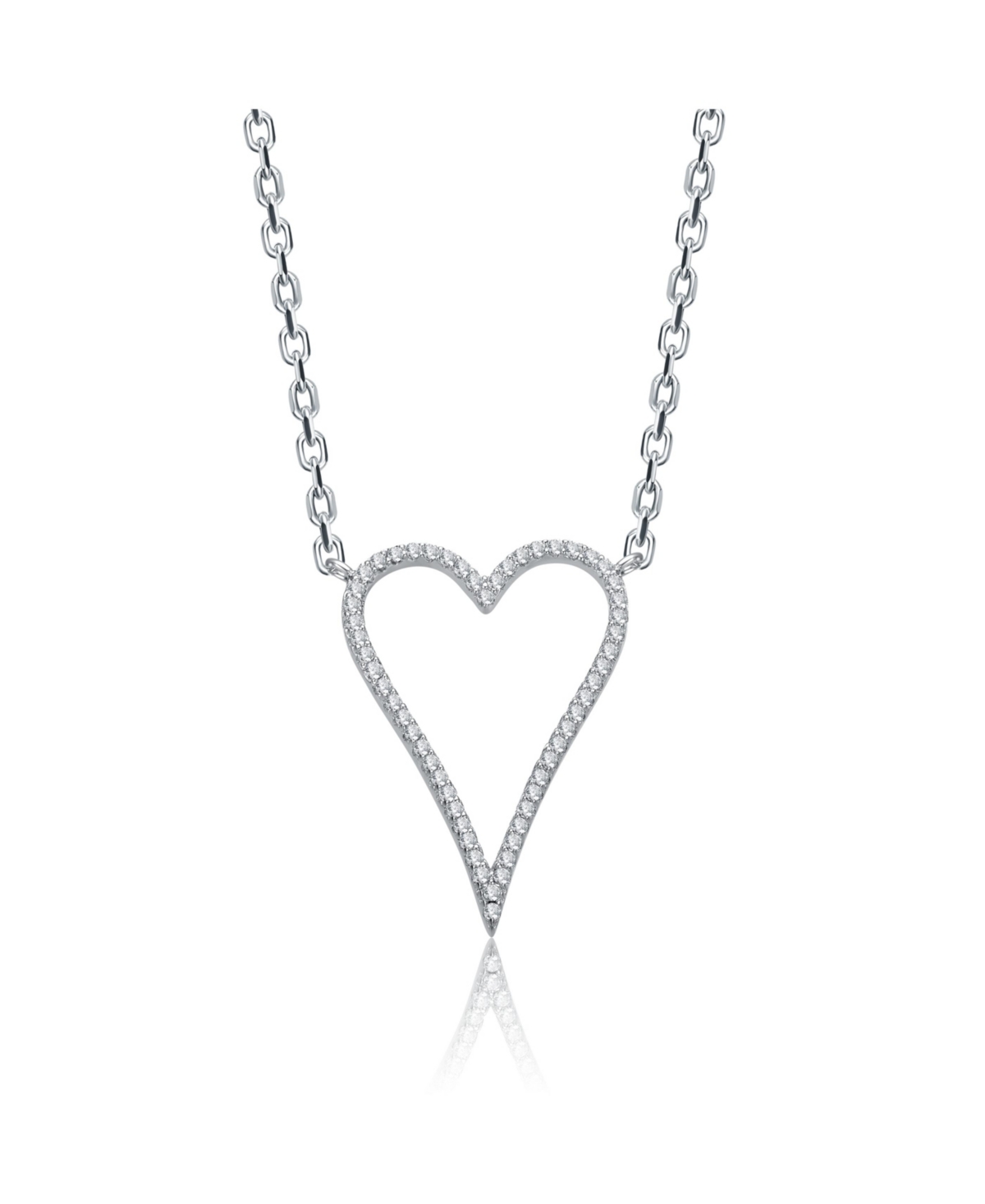 White Gold Plated with Cubic Zirconia Elongated Open Heart Halo Pendant Necklace - Silver