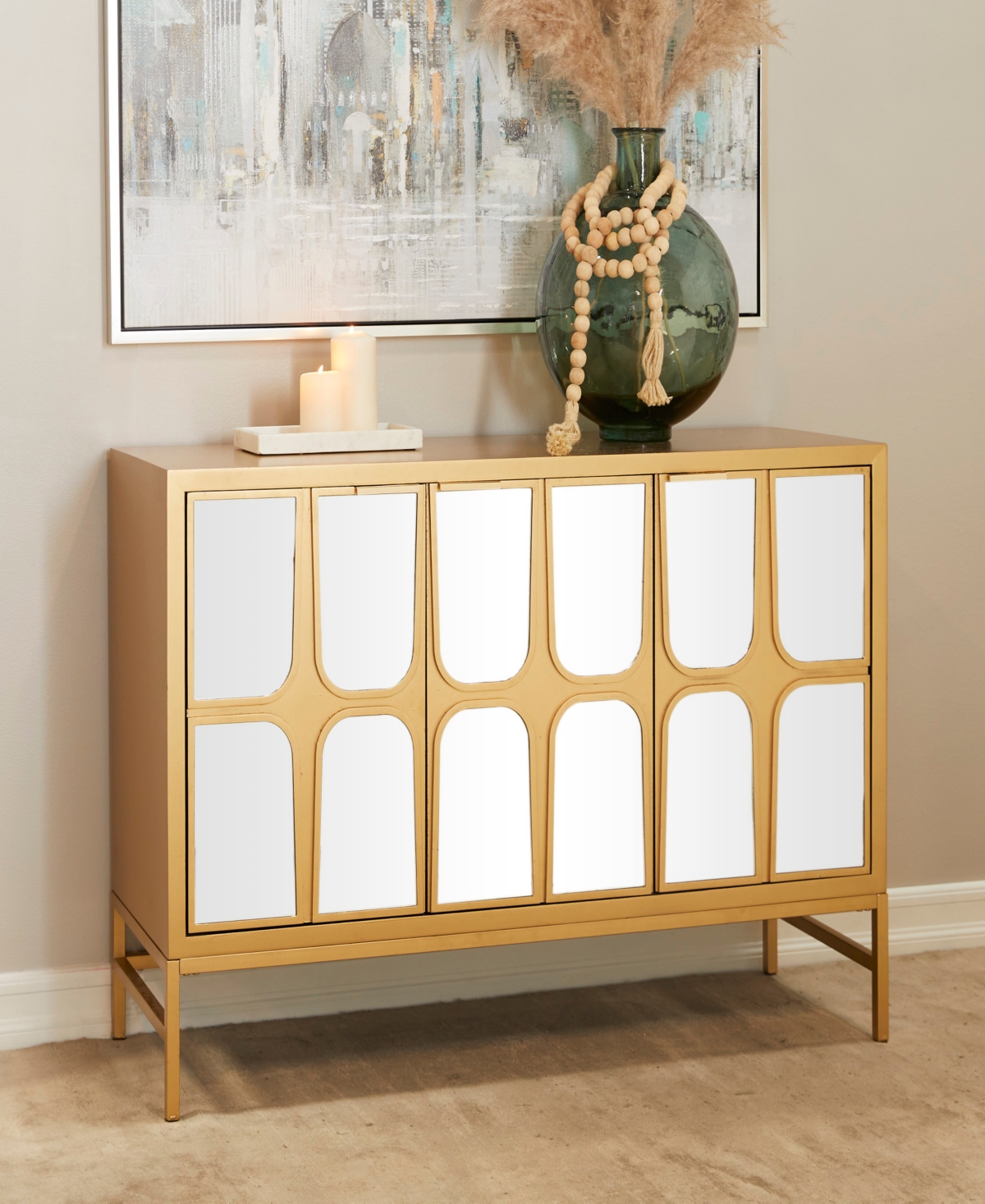 Rosemary Lane Wood 1 Shelf and 3 Doors Cabinet with Mirrored Front