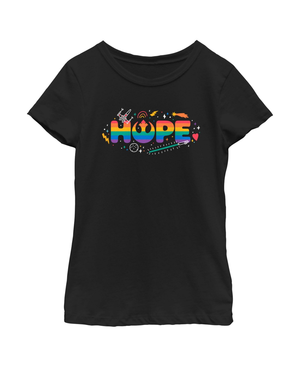 Disney Lucasfilm Girl's Star Wars Pride Rainbow Hope Rebel Alliance Child T-shirt In Black