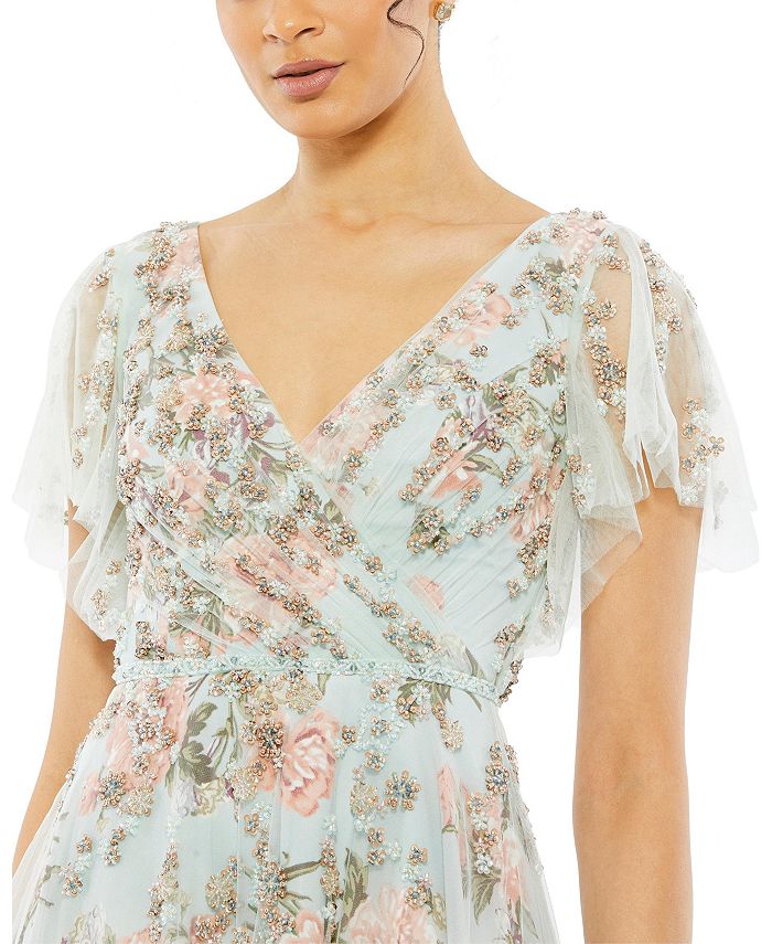 Mac Duggal Women's Floral Flutter Sleeve V-Neck Maxi Dress - Macy's