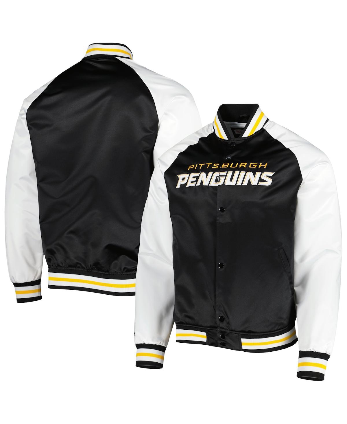 Mitchell & Ness Men's Bomber Jacket Nhl Primetime Lw Satin Jacket Pitpen Black In Black,white
