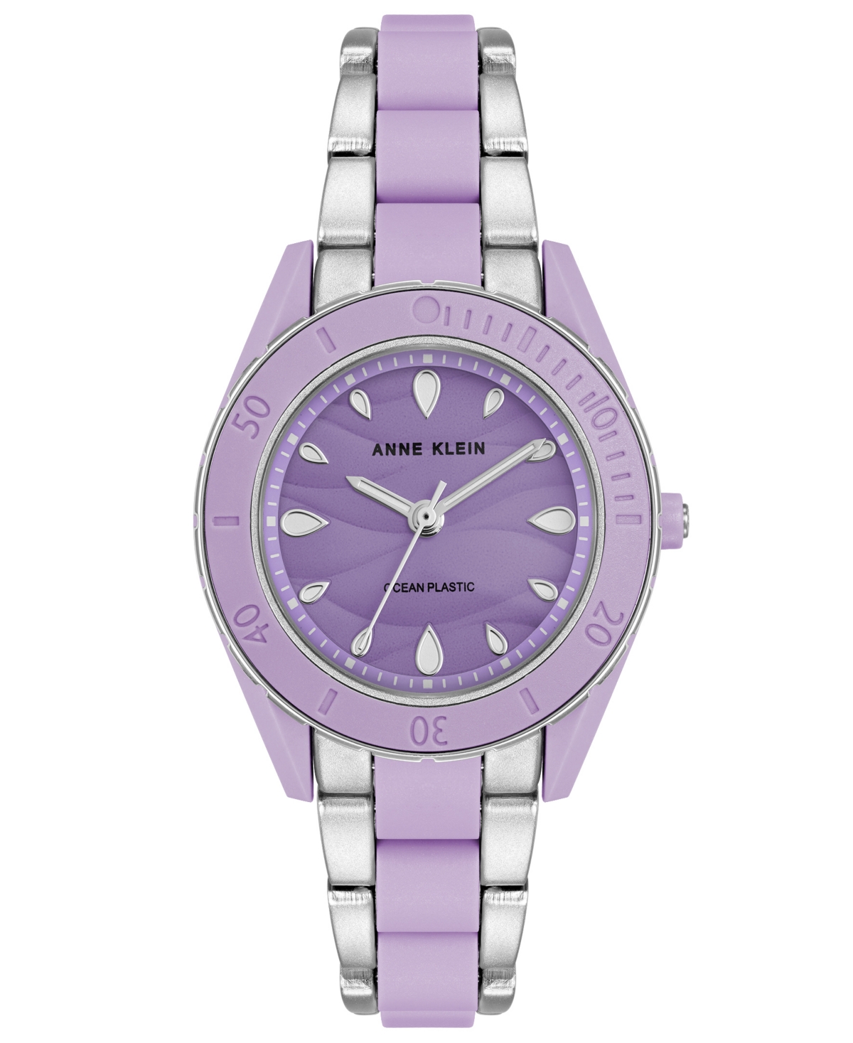 Anne Klein Women's Solar Silver-tone And Lavender Oceanworks Plastic Watch, 32mm In Silver,lavender