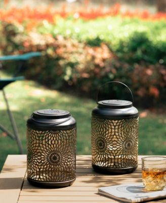 8.75" H Metal Cutout Solar Powered Outdoor Hanging Lantern with Edison Bulb, Set of 2 DNU