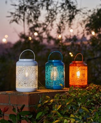 8.75" H Metal Cutout Solar Powered Outdoor Hanging Lantern with Edison Bulb, Set of 2