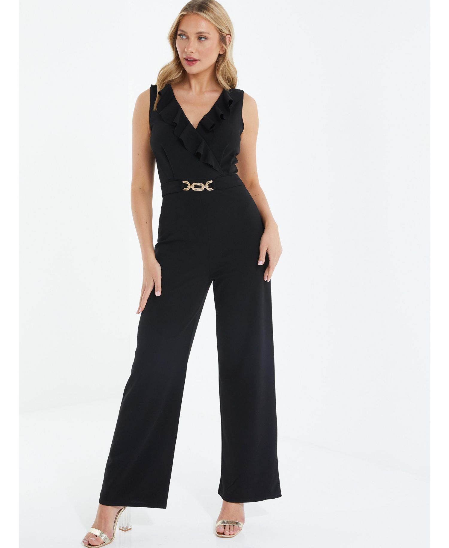 Women's Scuba Crepe Frill Buckle Dress - Black