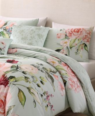 Rose on Misty Green 200 TC Cotton Sateen, Reversible 5 Pc. Comforter Set