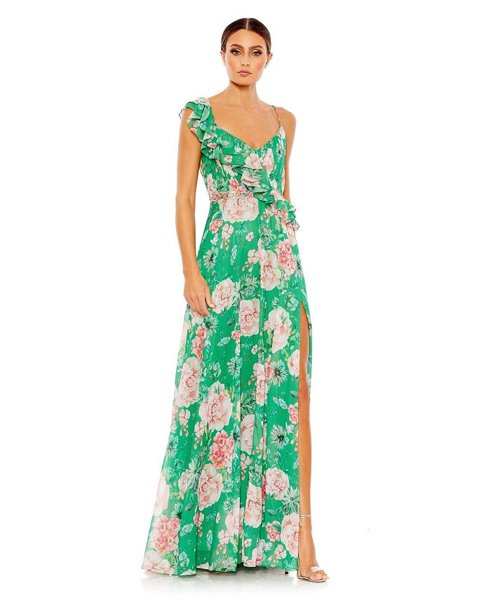 Mac Duggal Women's Ieena Floral Print Ruffled Wrap Over A Line Gown ...