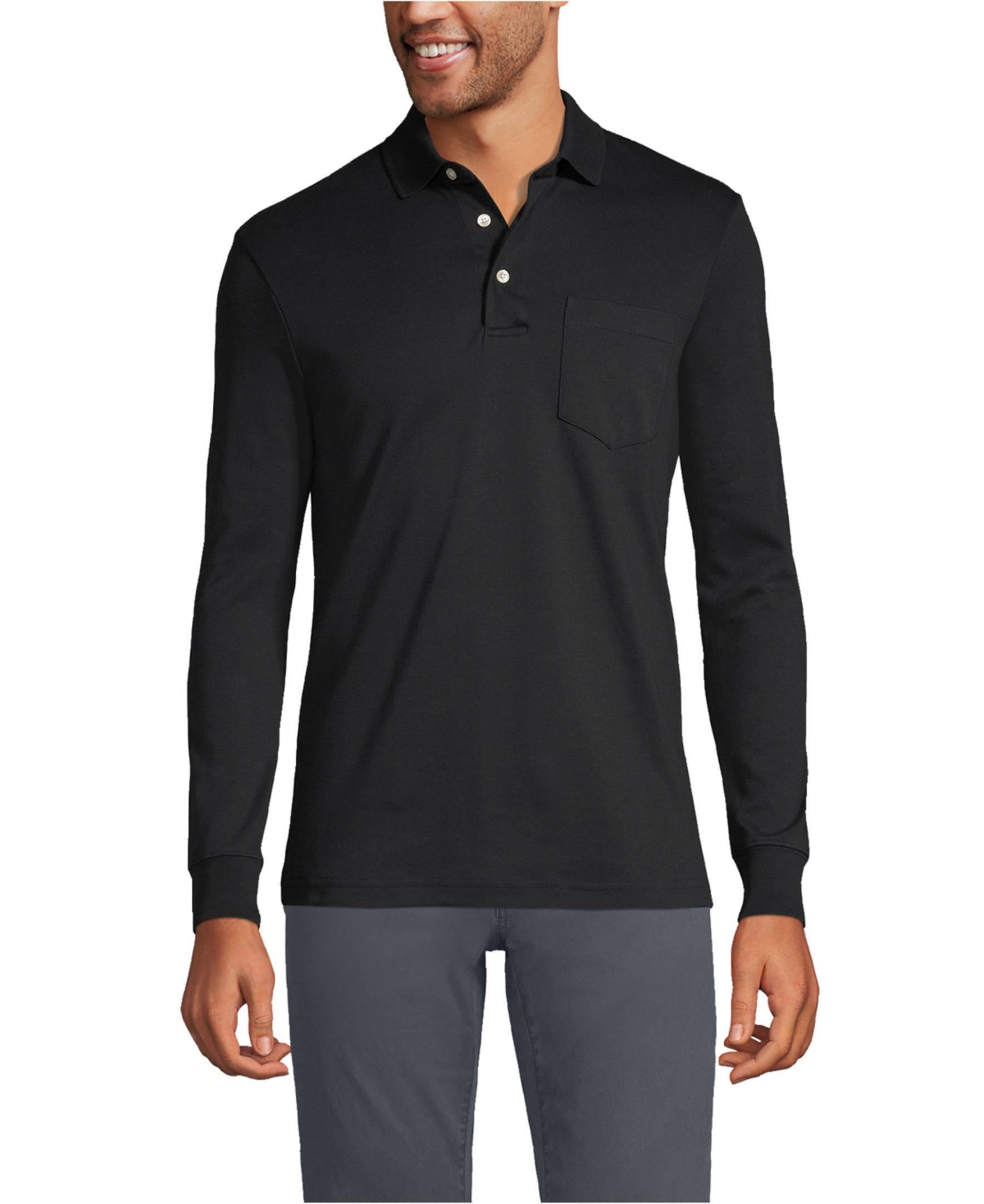 Men's Long Sleeve Cotton Supima Polo Shirt with Pocket - Black