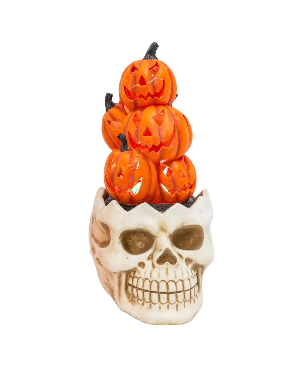 23" H Electric Lighted Magnesium Smoking Skull with Pumpkins on Top - Multicolor
