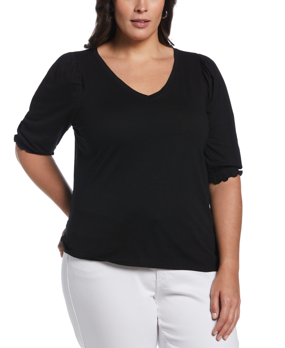 Ella Rafaella Plus Size Cotton Smocked Elbow Sleeve Top In Black