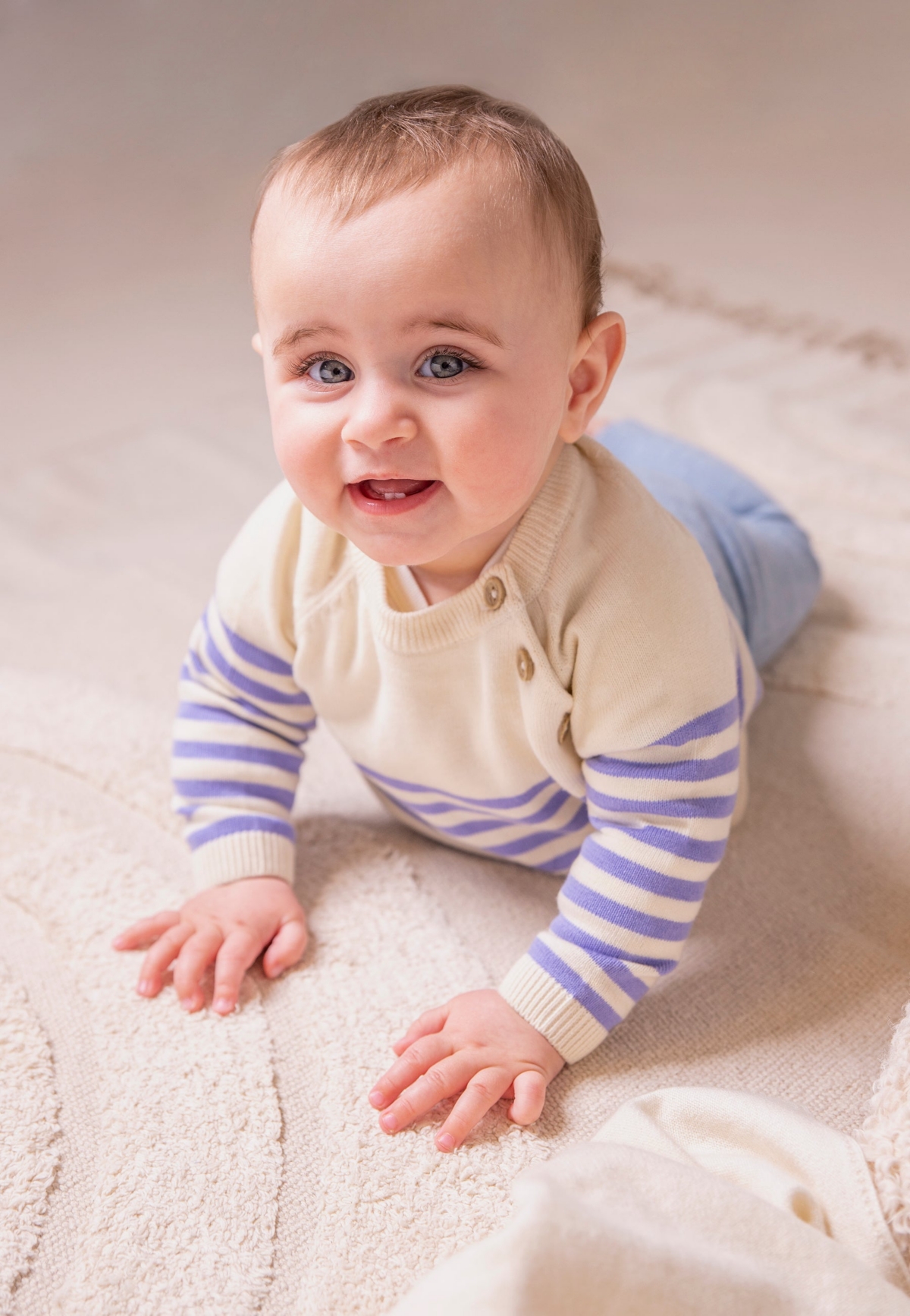 Stellou & Friends Baby Girls 100% Cotton Knit Striped Baby Long Sleeve Sweater with Shoulder Button Closure -/ white stripes