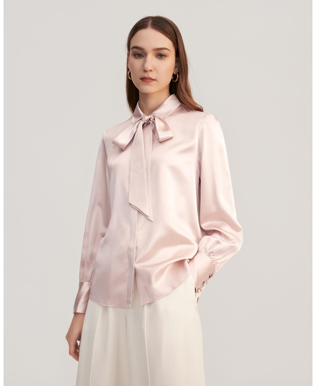 Vintage Bow Tie Silk Blouse for Women - Pale pink