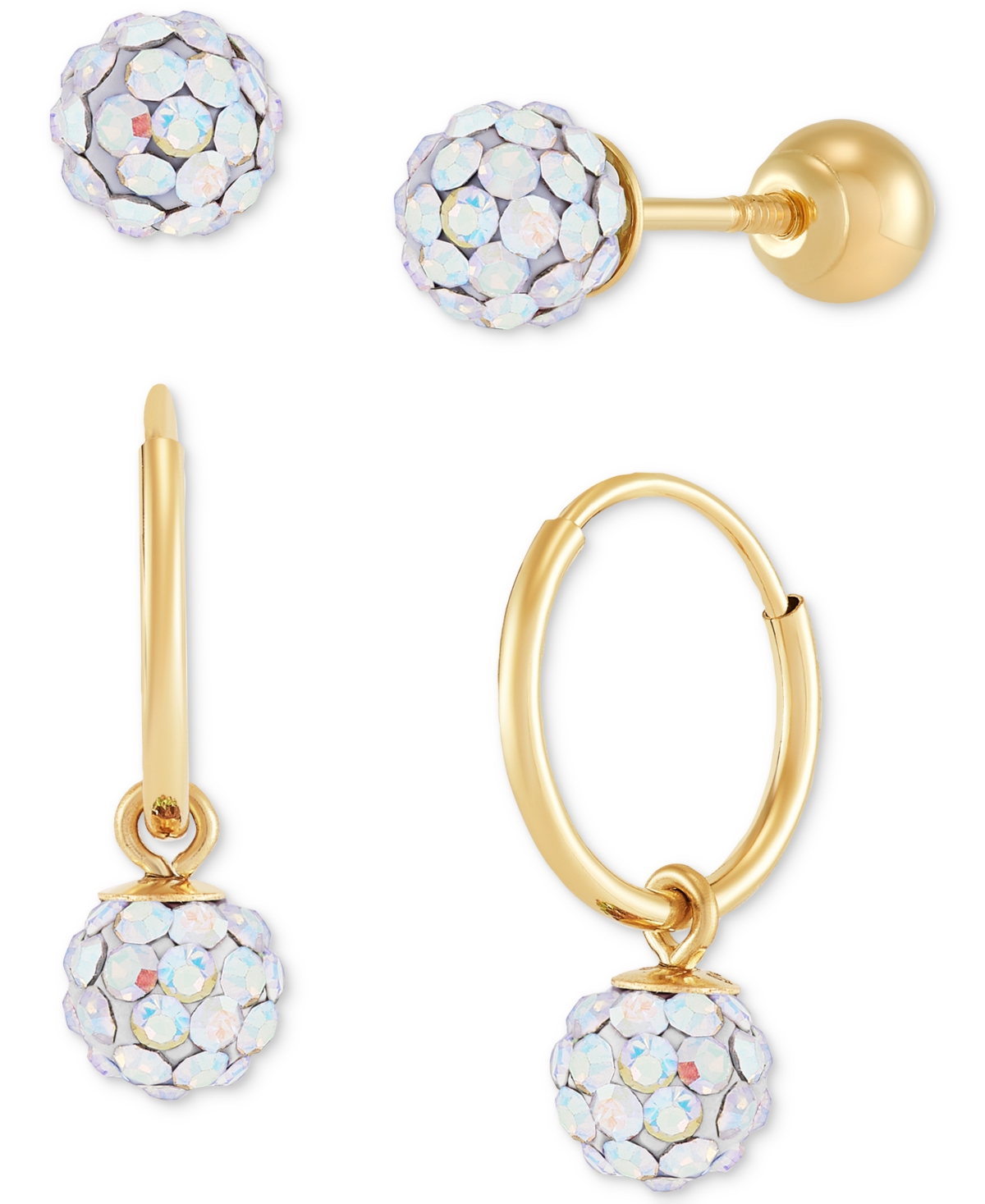 Macy's Children's 2-pc Set Multicolor Crystal Reversible Stud & Dangle Hoop Earrings In 14k Gold-plated Ste In White