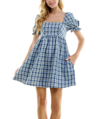 City Studios - Juniors' Plaid Puff-Sleeve Babydoll Dress