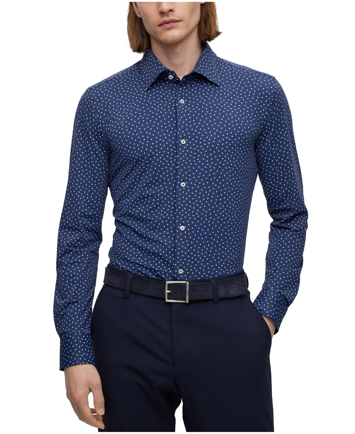 Hugo Boss Boss By  Men's Patterned Performance-stretch Slim-fit Dress Shirt In Dark Blue