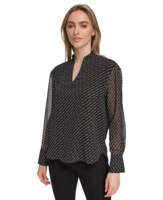 Calvin Klein Women's Chiffon Sleeve Logo Print V-Neck Blouse - Macy's