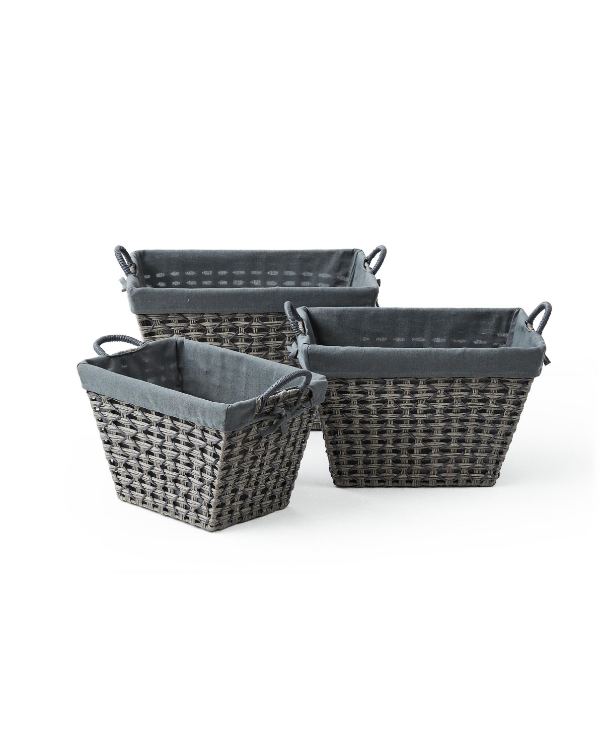 3 Piece Tapered Rectangular Storage Set in Open Weave with Ear Handles and Overlap Lift-Off Liner - Gray