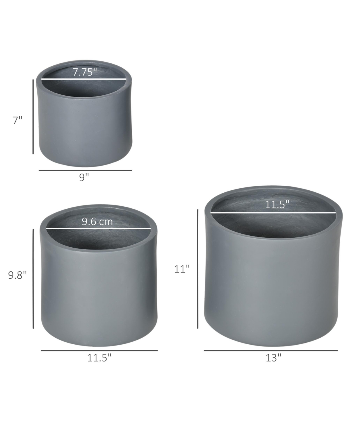 Outsunny 3-Pack Outdoor Planter Set, MgO Flower Pots with Drainage Holes, Outdoor Ready & Stackable for Indoor, Entryway, Patio, Yard, Garden - Dark g